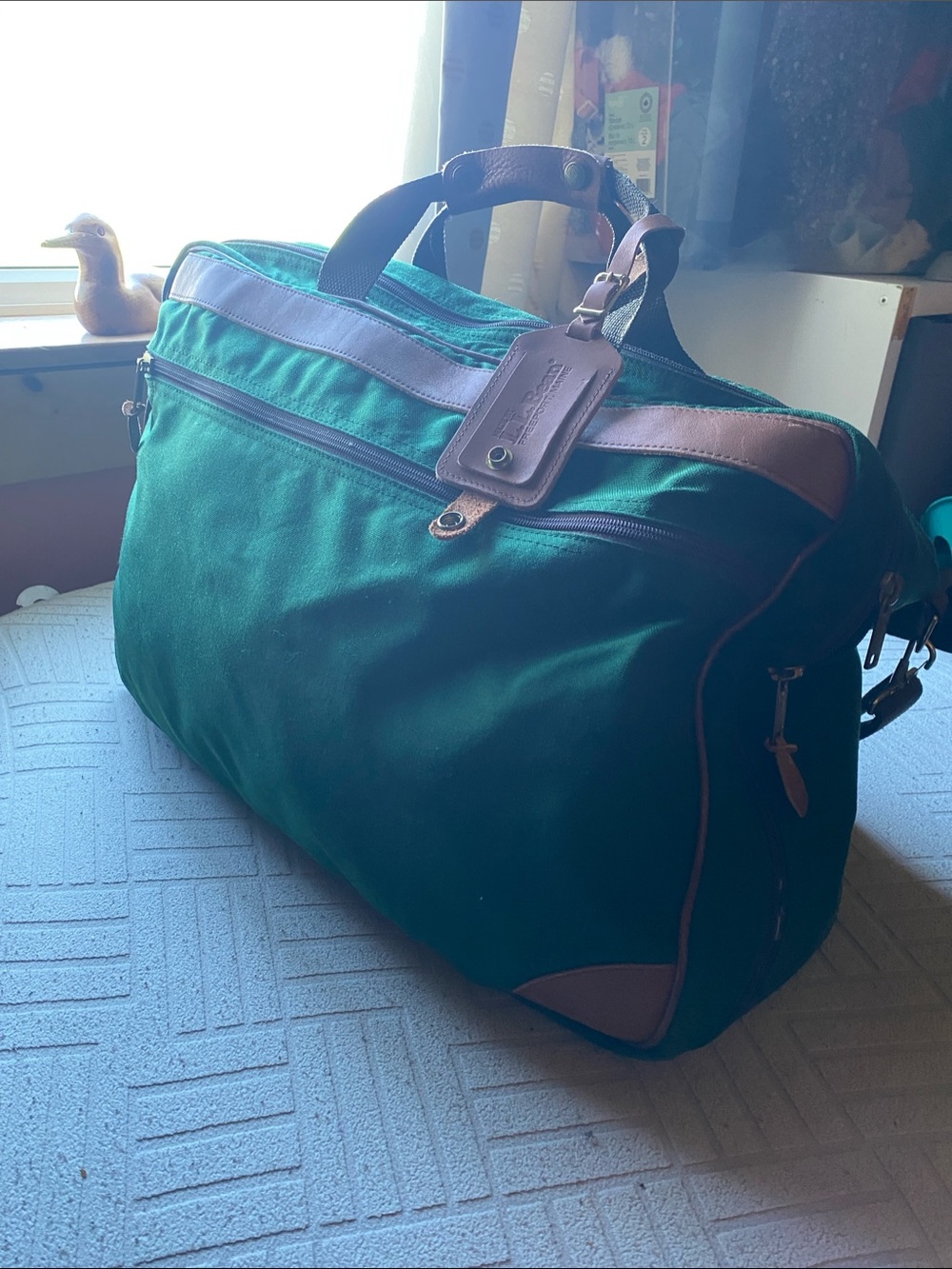 Vintage L.L. Bean Canvas Duffel Bag Green Brown Trim Classic Weekend Travel Bag